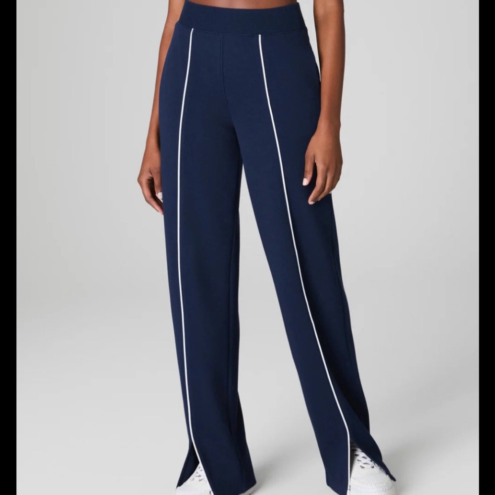 SPANX Navy Blue Track Pants with White Stripes